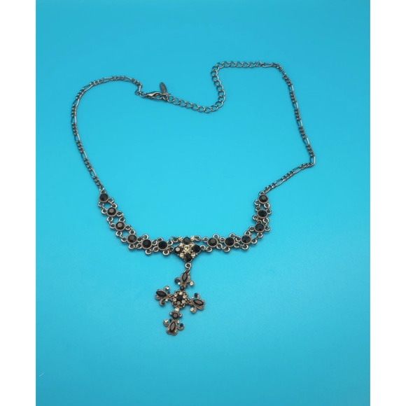 VCLM Victorian Gothic Style Cross Necklace Dark Silver Tone Rhinestones Black0 - Picture 1 of 9